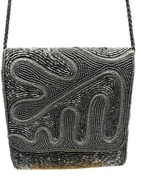 Vintage Robinsons Black Beaded Evening Bag Art Deco Swirl Shoulder Purse